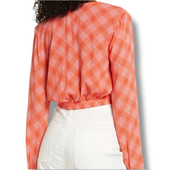 BP Vibrant Coral/Pink/Orange Plaid Long Sleeve V Neck Cropped Wrap Blouse - Picture 2 of 16